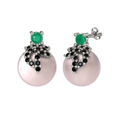 Afra İnci Küpe - Kök zümrüt, siyah zirkon ve pembe inci 925 ayar gümüş küpe #131nadu