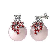 Afra İnci Küpe - Swarovski, garnet ve pembe inci 8 ayar beyaz altın küpe #138occy