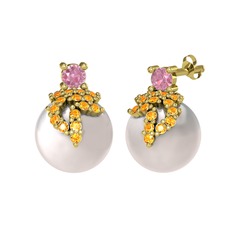 Afra İnci Küpe - Pembe kuvars, sitrin ve inci 925 ayar altın kaplama gümüş küpe #139z0qh