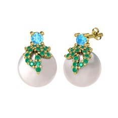 Afra İnci Küpe - Akuamarin, kök zümrüt ve inci 18 ayar altın küpe #13dwxps