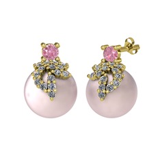 Afra İnci Küpe - Pembe kuvars, pırlanta ve pembe inci 8 ayar altın küpe (0.352 karat) #13x2v9y