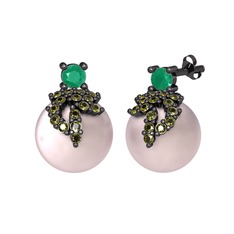 Afra İnci Küpe - Kök zümrüt, peridot ve pembe inci 925 ayar siyah rodyum kaplama gümüş küpe #14636v3