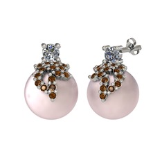 Afra İnci Küpe - Pırlanta, dumanlı kuvars ve pembe inci 8 ayar beyaz altın küpe (0.22 karat) #1472hlm