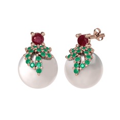 Afra İnci Küpe - Kök yakut, kök zümrüt ve inci 8 ayar rose altın küpe #14expn1