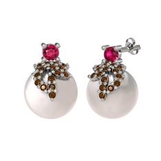 Afra İnci Küpe - Rodolit garnet, dumanlı kuvars ve inci 18 ayar beyaz altın küpe #14j8ga0