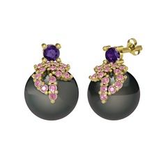 Afra İnci Küpe - Ametist, pembe kuvars ve siyah inci 14 ayar altın küpe #14l3if2