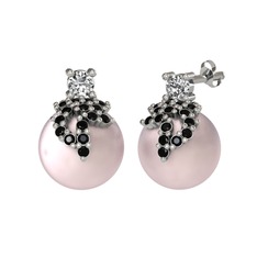 Afra İnci Küpe - Swarovski, siyah zirkon ve pembe inci 8 ayar beyaz altın küpe #14lq7wz