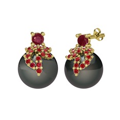 Kök yakut, garnet ve siyah inci 14 ayar altın küpe