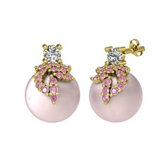 Beyaz zirkon, pembe kuvars ve pembe inci 8 ayar altın küpe