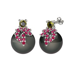 Peridot, rodolit garnet ve siyah inci 925 ayar gümüş küpe