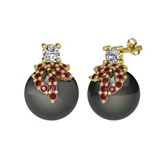 Afra İnci Küpe - Beyaz zirkon, kök yakut ve siyah inci 8 ayar altın küpe #15by58z