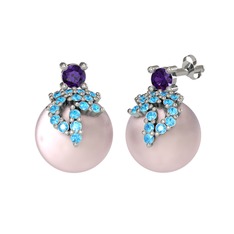 Afra İnci Küpe - Ametist, akuamarin ve pembe inci 14 ayar beyaz altın küpe #15kvo1