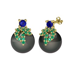 Afra İnci Küpe - Lab safir, kök zümrüt ve siyah inci 18 ayar altın küpe #15nhfi3