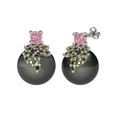 Afra İnci Küpe - Pembe kuvars, peridot ve siyah inci 925 ayar gümüş küpe #15nm9ao