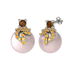 Afra İnci Küpe - Dumanlı kuvars, sitrin ve pembe inci 14 ayar beyaz altın küpe #15u8ku2