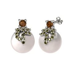 Afra İnci Küpe - Dumanlı kuvars, peridot ve inci 8 ayar beyaz altın küpe #161v5lm