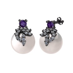 Afra İnci Küpe - Ametist, pırlanta ve inci 925 ayar siyah rodyum kaplama gümüş küpe (0.352 karat) #1647vvw