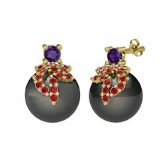 Ametist, garnet ve siyah inci 14 ayar altın küpe