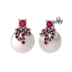 Afra İnci Küpe - Rodolit garnet, kök yakut ve inci 18 ayar beyaz altın küpe #16ei8nm