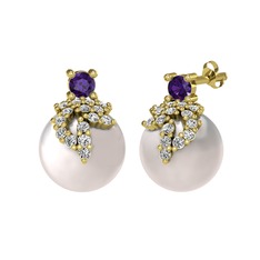 Afra İnci Küpe - Ametist, beyaz zirkon ve inci 8 ayar altın küpe #16f5u6n