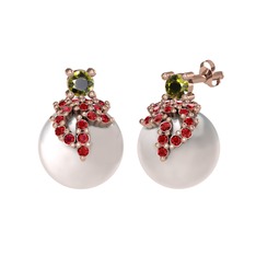 Peridot, garnet ve inci 18 ayar rose altın küpe