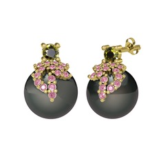 Afra İnci Küpe - Peridot, pembe kuvars ve siyah inci 8 ayar altın küpe #16oku15