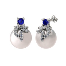 Afra İnci Küpe - Lab safir, pırlanta ve inci 18 ayar beyaz altın küpe (0.352 karat) #16plxxp