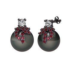 Afra İnci Küpe - Beyaz zirkon, kök yakut ve siyah inci 925 ayar siyah rodyum kaplama gümüş küpe #16tgn6