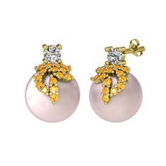 Swarovski, sitrin ve pembe inci 8 ayar altın küpe