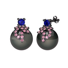 Afra İnci Küpe - Lab safir, pembe kuvars ve siyah inci 925 ayar siyah rodyum kaplama gümüş küpe #170vbuu