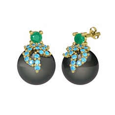 Afra İnci Küpe - Kök zümrüt, akuamarin ve siyah inci 14 ayar altın küpe #17adnf9