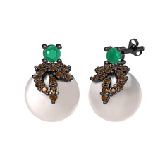 Afra İnci Küpe - Kök zümrüt, dumanlı kuvars ve inci 925 ayar siyah rodyum kaplama gümüş küpe #17c8409