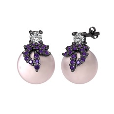 Swarovski, ametist ve pembe inci 925 ayar siyah rodyum kaplama gümüş küpe