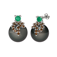 Afra İnci Küpe - Kök zümrüt, dumanlı kuvars ve siyah inci 18 ayar beyaz altın küpe #17y8ooi