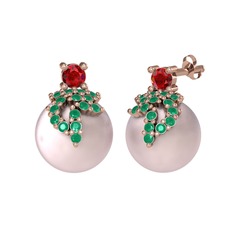 Afra İnci Küpe - Garnet, kök zümrüt ve pembe inci 14 ayar rose altın küpe #17znva7