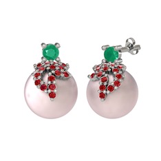 Kök zümrüt, garnet ve pembe inci 18 ayar beyaz altın küpe