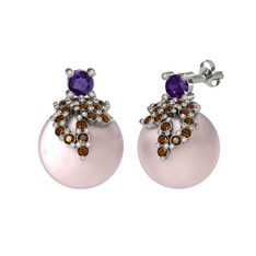 Afra İnci Küpe - Ametist, dumanlı kuvars ve pembe inci 18 ayar beyaz altın küpe #186virw