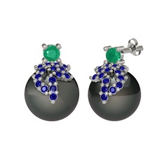 Afra İnci Küpe - Kök zümrüt, lab safir ve siyah inci 8 ayar beyaz altın küpe #18elgwh