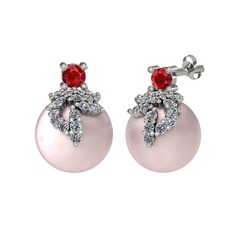 Afra İnci Küpe - Garnet, pırlanta ve pembe inci 18 ayar beyaz altın küpe (0.352 karat) #18j8rmq