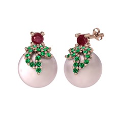 Afra İnci Küpe - Kök yakut, yeşil kuvars ve pembe inci 8 ayar rose altın küpe #18rp3no