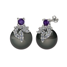 Afra İnci Küpe - Ametist, pırlanta ve siyah inci 925 ayar gümüş küpe (0.352 karat) #18rtmri