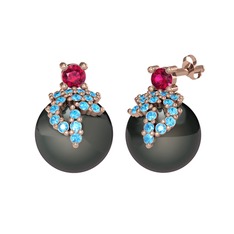 Afra İnci Küpe - Rodolit garnet, akuamarin ve siyah inci 18 ayar rose altın küpe #18tjtac