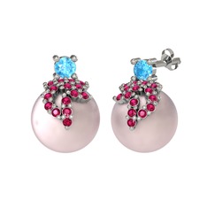 Afra İnci Küpe - Akuamarin, rodolit garnet ve pembe inci 14 ayar beyaz altın küpe #18tywbi