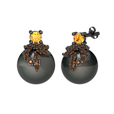 Afra İnci Küpe - Sitrin, dumanlı kuvars ve siyah inci 925 ayar siyah rodyum kaplama gümüş küpe #18w24u7