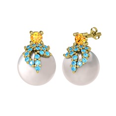 Afra İnci Küpe - Sitrin, akuamarin ve inci 14 ayar altın küpe #18xvq77