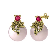 Afra İnci Küpe - Rodolit garnet, peridot ve pembe inci 8 ayar altın küpe #19dxx24
