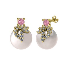 Afra İnci Küpe - Pembe kuvars, pırlanta ve inci 14 ayar altın küpe (0.352 karat) #19eherx