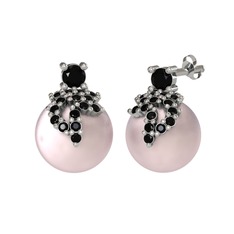 Afra İnci Küpe - Siyah zirkon ve pembe inci 18 ayar beyaz altın küpe #19m1gmo