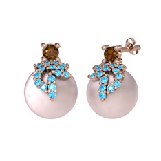 Afra İnci Küpe - Dumanlı kuvars, akuamarin ve pembe inci 8 ayar rose altın küpe #19m8bt5