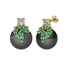 Afra İnci Küpe - Swarovski, kök zümrüt ve siyah inci 14 ayar altın küpe #19nttit